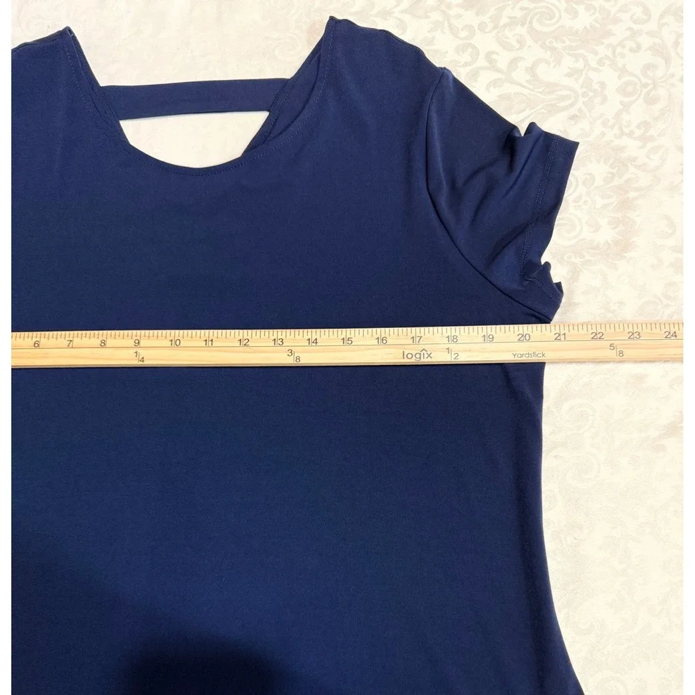 Susan Graver Liquid Knit Dress Womens Large Navy Blue Back Strap Pockets Modest